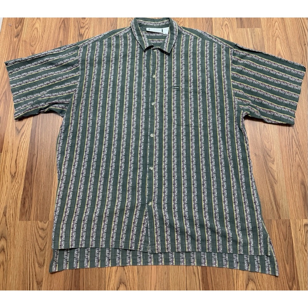 Columbia Shirt Mens XL Vintage Woven Geometric Stripe Green
